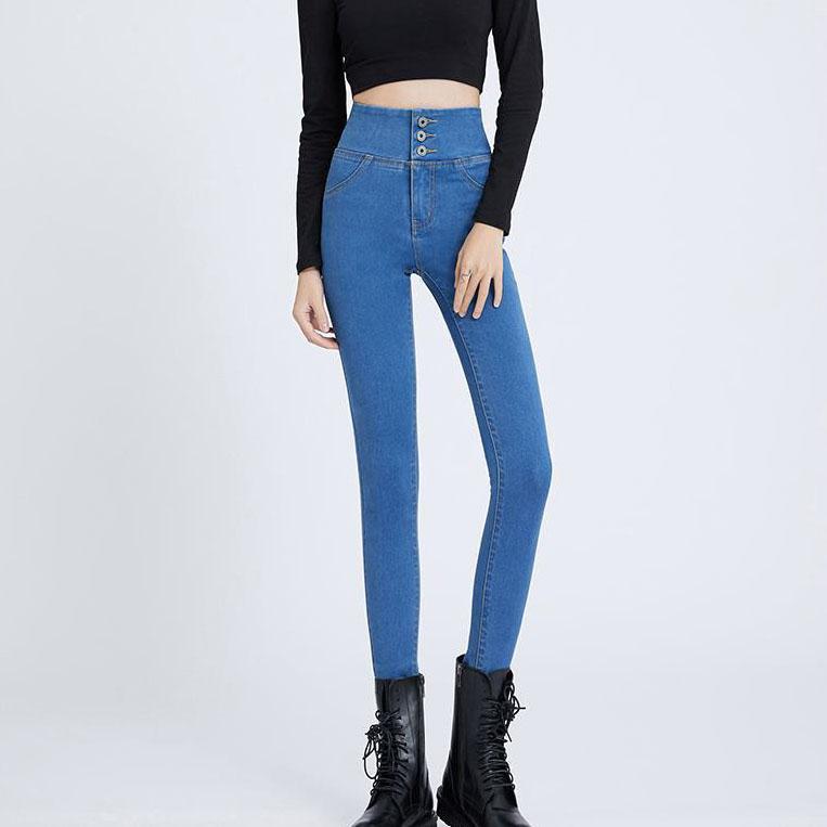 Women Winter and Autumn Large Size Streetwear Long Jeans Slim Solid Color High Waist Elastic Casual Pencil Jeans
