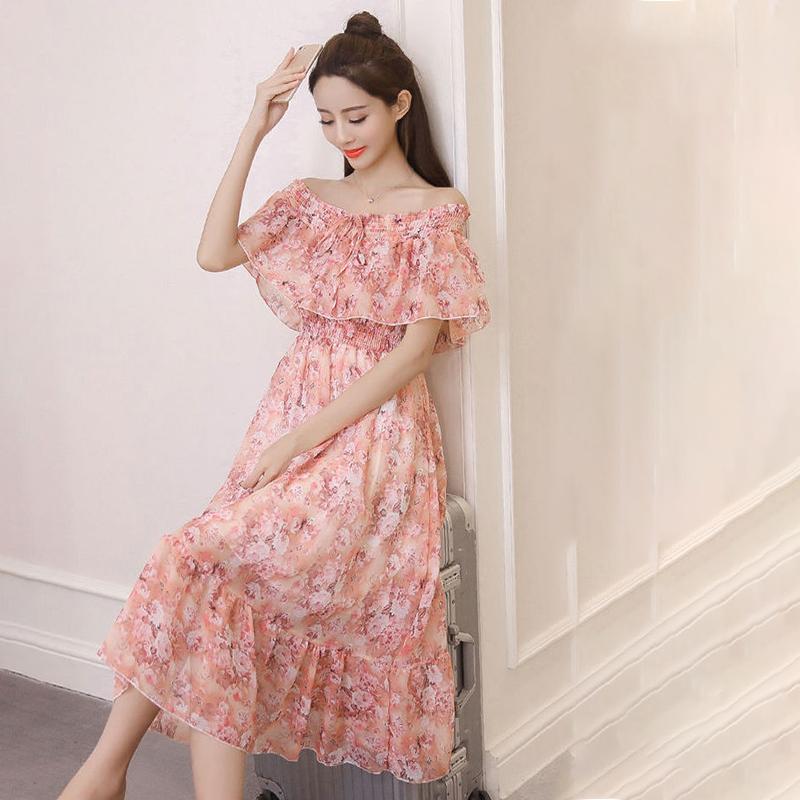 Off-the-shoulder One-word Neck Floral Chiffon Dress Female Mid-length Sexy Beach Dress Super Fairy Fairy Dress Plus Size Dress Waist Is Slim