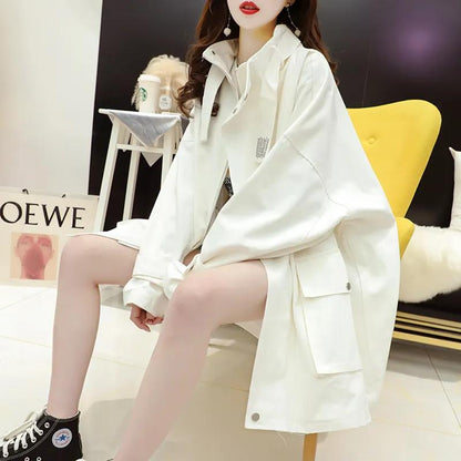 Women Boutique Coat Solid Color Tight Waist Jacket Casual Loose Windbreaker Soft and Comfortable Parka Mid