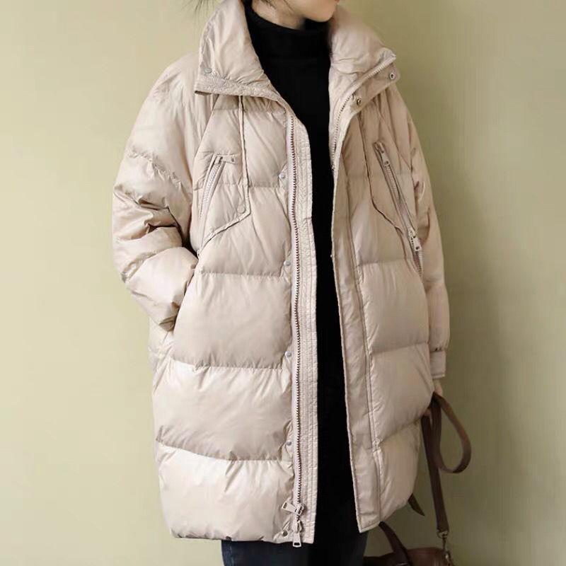 Mid-length Down Jacket Women Winter Korean Version of Loose Stand-up Collar Shiny Down Jacket Bread Suit Jacket