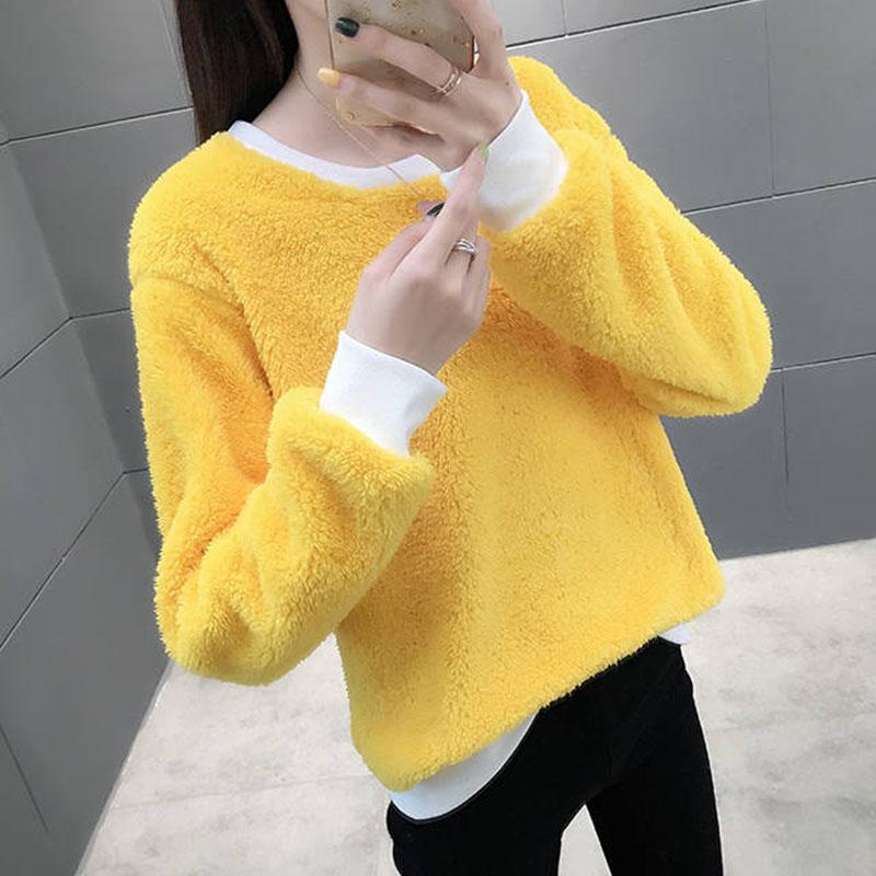 Pofulove Women's Winter Crew neck sweater long sleeve female  loose thick velvet Pullovers warm