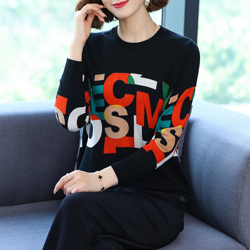 Fall Winter Woolen Sweater Contrast Letter Printed O-Neck Long-sleeve Bottoming Sweater Ladies Pullover Knit Jumper