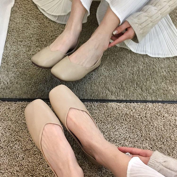 Women 'S Spring Summer Flats Shoes Vintage Soft Leather Low Heels Slip On Footwear Square Head Shoes