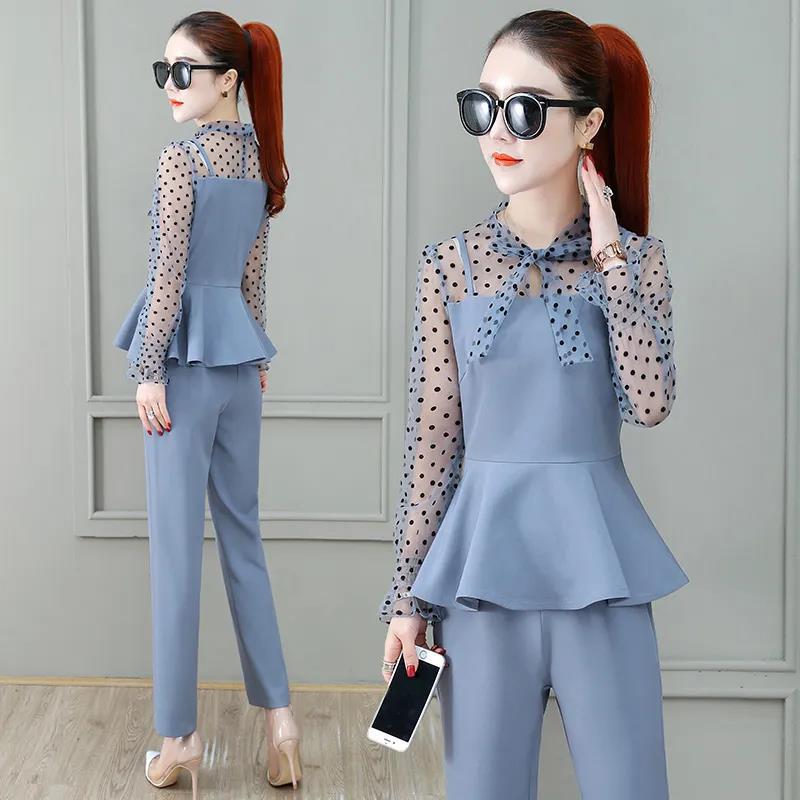 Ladies Professional Suit Xiaoxiangfeng Spring and Autumn Thin Temperament Two-piece Round Neck Long-sleeved Shirt + Casual Suit Pants