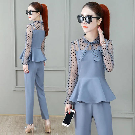 Ladies Professional Suit Xiaoxiangfeng Spring and Autumn Thin Temperament Two-piece Round Neck Long-sleeved Shirt + Casual Suit Pants