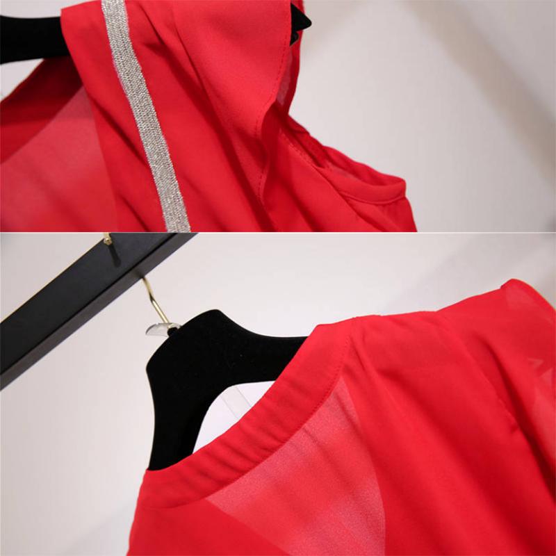 Fashion Plus Size Shorts Set Women's Summer Sleeveless Pleated Blouse Chiffon Shorts Two-piece Suit