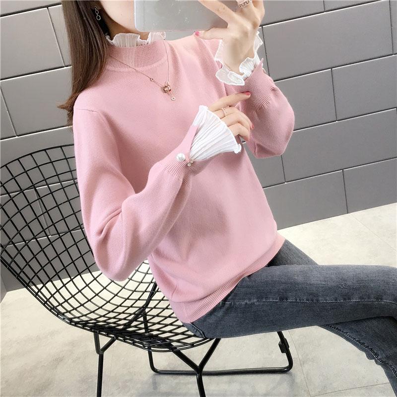 Plus Velvet Thick Warm Sweater Women  Ruffles Lace Stitching Collar Pullover Sweater Short Stretchable Slim Knitwear Jumper