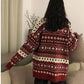 Autumn  Winter Red Jacquard Christmas Sweater Women's Loose Pullover Sweater Snowflake Print Knitted Sweater Outwear