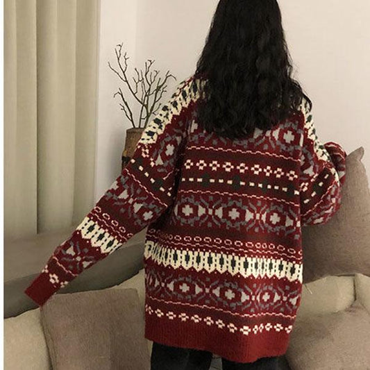 Autumn  Winter Red Jacquard Christmas Sweater Women's Loose Pullover Sweater Snowflake Print Knitted Sweater Outwear