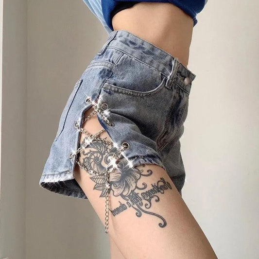 Metal Chain Denim Shorts Women's Summer Side Split High Waist Sexy Legs Long Pants Casual Home Personality Shorts Golf Shorts