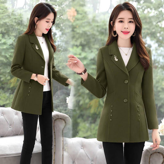 Autumn Winter Elegant Brooch Women Coats Warm Woolen Long Sleeve Slim Outwear Lapel Cardigan Jacket
