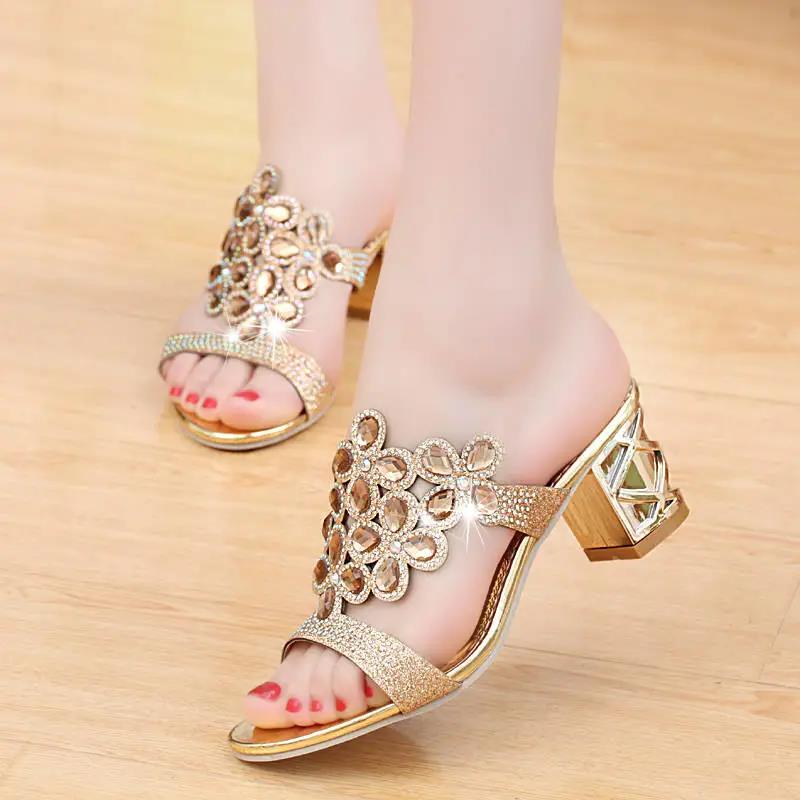High-heeled Sandals Women's Summer Rhinestones Middle-heeled Square-heeled Colored Diamonds Sandals Fashion Women's Slippers