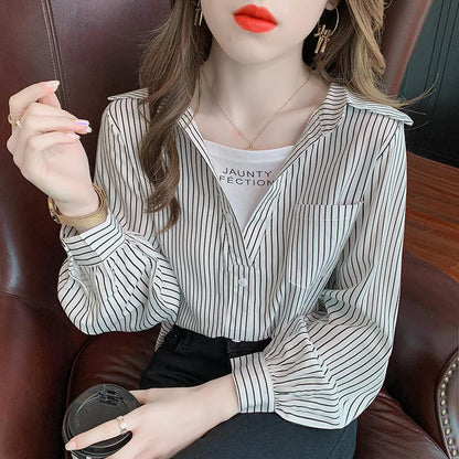 Striped Shirt Women's Spring Fake Two-piece Printed Loose All-match Long-sleeved Blouses