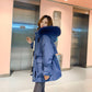 Large Natural Fox Fur Hooded Winter Jacket Women Duck Down Thick Parkas Warm Sash Tie Up Snow Coat