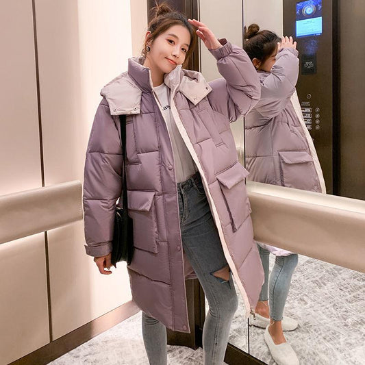 Mid-length Padded Jacket Women Korean Style Stand-up Collar Hooded Padded Jacket Loose Student Padded Winter Jacket