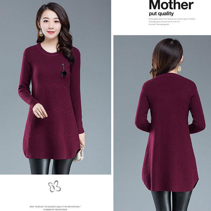 Autumn Winter Knit Casual Dress In Pure Color Long Sleeve Bottom Skirt Simple Middle-aged Women Wool Dress