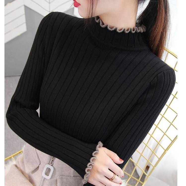 Spring and Autumn Half Turtleneck Sweater Korean Student Lace Round Neck Undershirt Loose Slim Knit