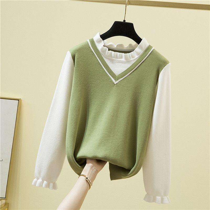 Fall/winter Korean Version of Loose Outer Wear All-match Fake Two-piece Japanese Sweater Sweater Top Women's Bottoming Shirt