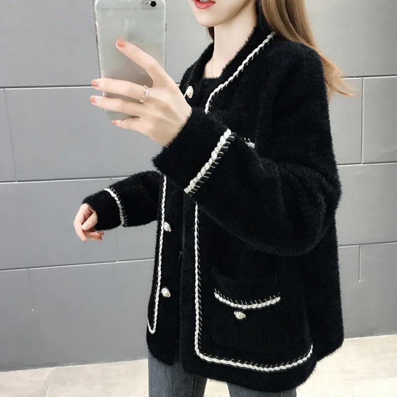 Xiaoxiangfeng Imitation Mink Velvet Thickened Short Coat Women's Spring and Autumn Long-sleeved Round Neck Knitted Cardigan Woolen Top