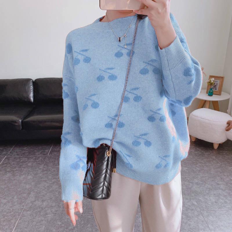 Women Knitwear Crew Neck Loose Simple Color Cherry Heart Print Sweater Pullover Jumper Top