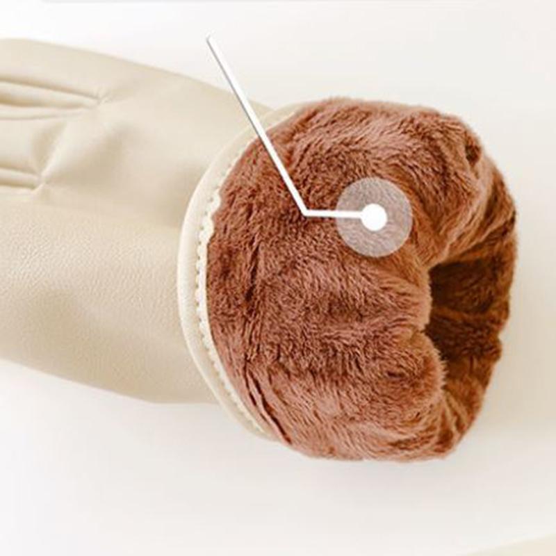 Leather Gloves Women's Winter Beige Imitation Sheepskin Pattern Plus Velvet Thick Warm Windproof Waterproof Touch Screen Gloves