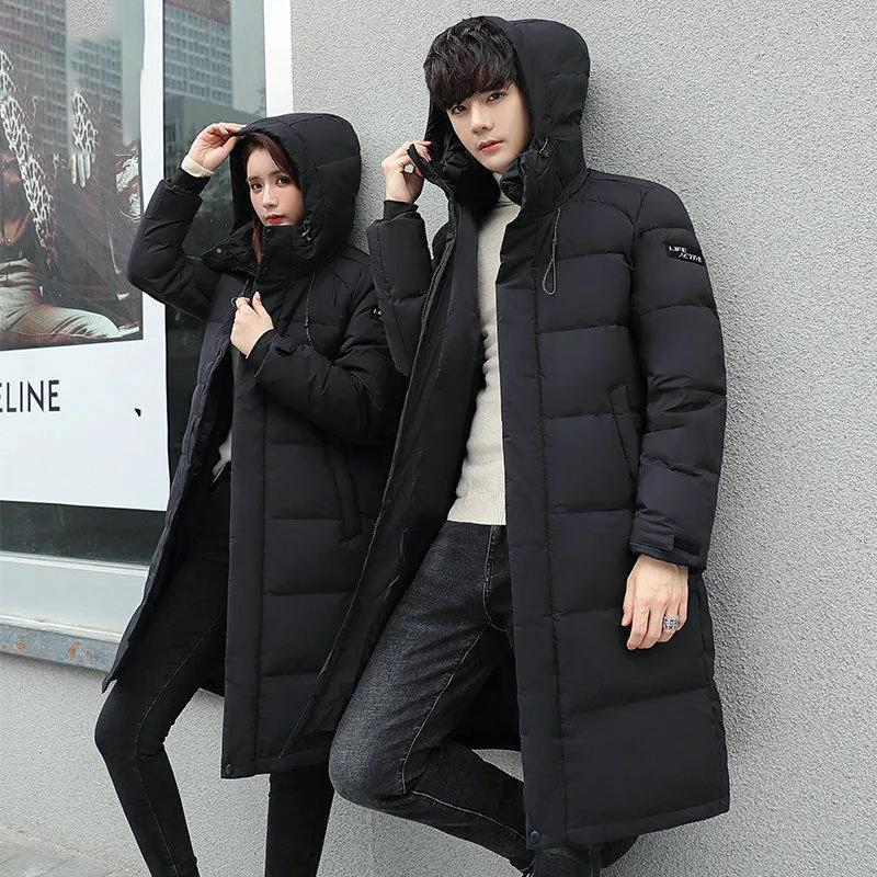 Men's and Women's Down Jackets Fashion Hooded Plus Velvet Thickening Warm White Duck Down Long Couple Down Jackets