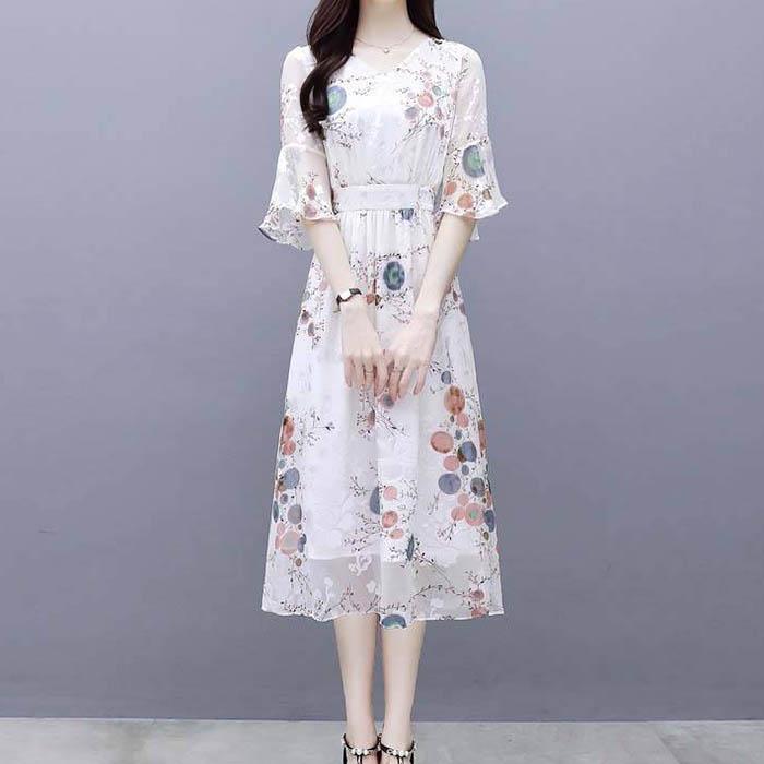 Pofulove Women V-neck White Chiffon Dress Slim Office Lady Sexy Short-sleeved Long A-line Dress