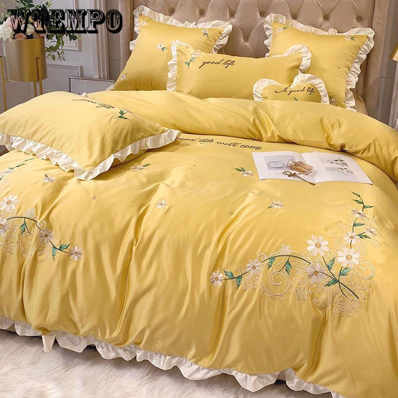 Cotton 4pcs Jacquard Silk Cotton Luxury Bedding Set King Size Queen Bedclothes Bed Skirt