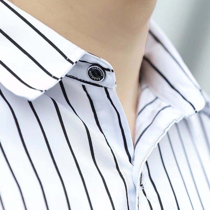 Spring and Autumn Men's Plaid Striped Long Sleeve Shirt Men's Slim Youth Business Casual White Shirt Work Shirt