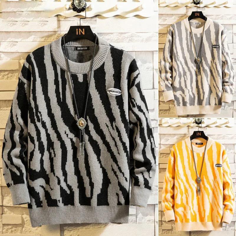 Autumn and Winter Knit Sweater Loose Sweater Zebra Striped Retro Color Matching Sweater Suitable for Students and Young Men
