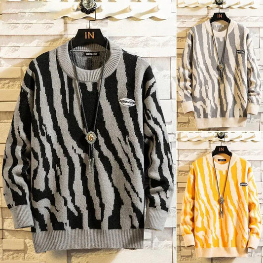 Autumn and Winter Knit Sweater Loose Sweater Zebra Striped Retro Color Matching Sweater Suitable for Students and Young Men