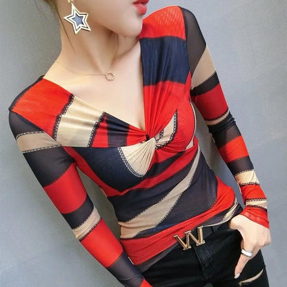 Women's Spring and Autumn Printed T-Shirt V-Neck Slim Long Sleeve Top