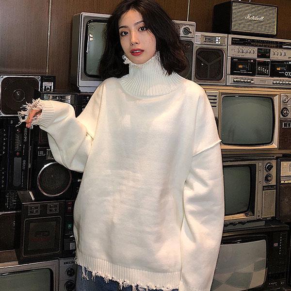 Solid Color Turtleneck Sweater Girl Student Loose Retro Irregular Torn Edge Sweater