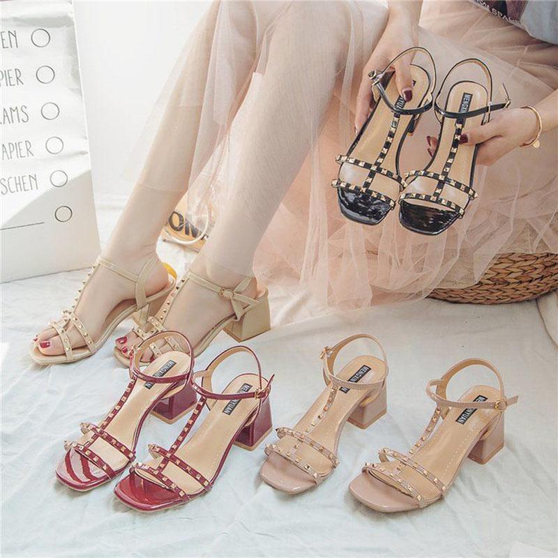 Women's Summer Sandals Fashion All-match Women's Shoes Rivet Chunky Heels with A Word Strap High Heels