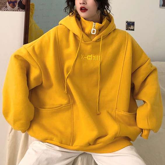 Women Fashion Autumn Winter Thickened Loose Hoodies High Collar Letter Embroidery Oversize Pullover