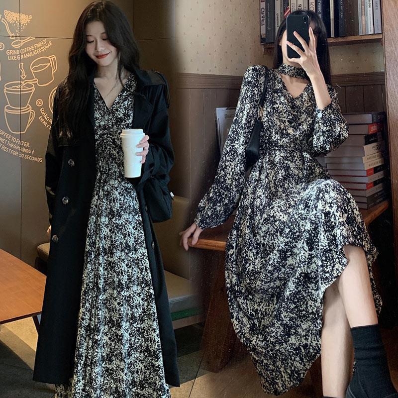 French Retro Floral Bottoming Long Dress Korean Version Loose and Thin Hepburn Printed Female Long Skirt