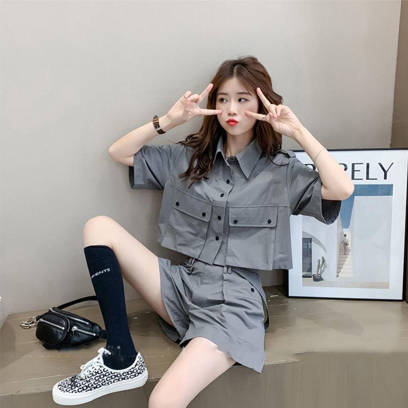 Two-piece Suit Women's Summer Casual Fashion Loose Tooling Korean Wide-leg Pants Suit Solid Color Top and Shorts
