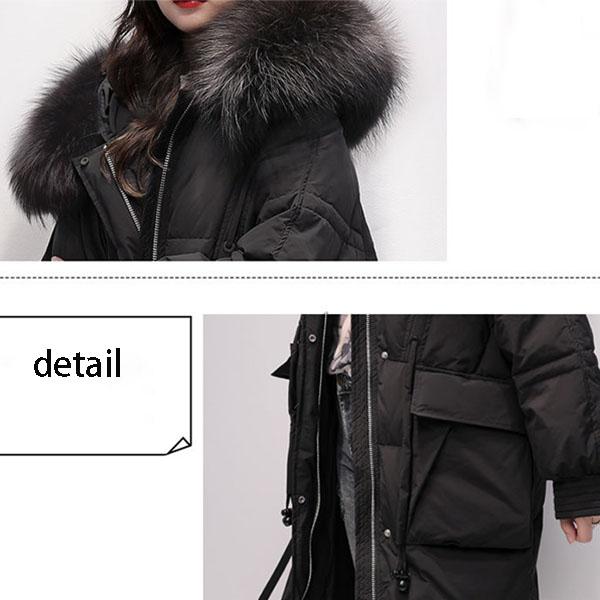 Winter All-match Mid-length Down Jacket Women's Hooded White Duck Down Real Big Fur Collar Jacket Thickened Warmth