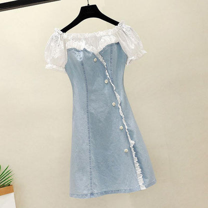 Fashion Lace Stitching One-shoulder Denim Dress Buttoned A-line Skirt Small Summer