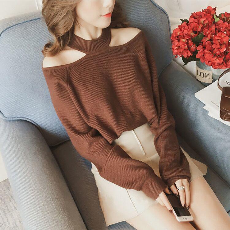 Off-shoulder Hanging Neck Solid Color Knit Sweater Pullover Casual Fall/winter Sweater Women's Long-sleeved Top with Careful Design