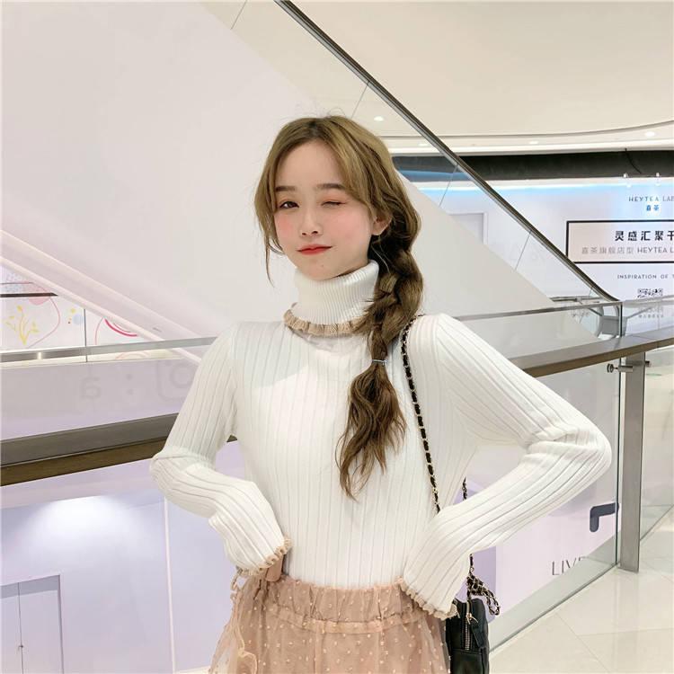 Pofulove Retro Pullover Sweater Color Matching Turtleneck Thick Warm Long-sleeved Sweater