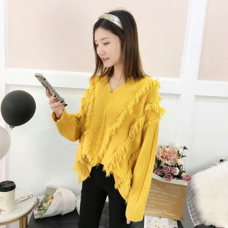 Womens Solid Color Sweater V-Neck Pullover Long Sleeve Loose Knitted Knitwear Sweaters