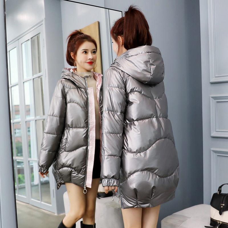 Winter Warm and Fashionable Waterproof Bright Cotton Dress Women's Mid-length Hooded Loose Down Cotton Jacket
