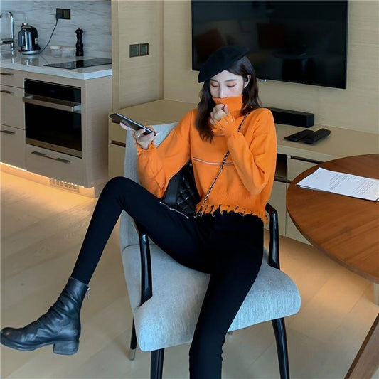 Women's Solid Color Trendy Fashion Zipper Slim Bottoming Sweater High Neck Tassel Short Knit Sweater