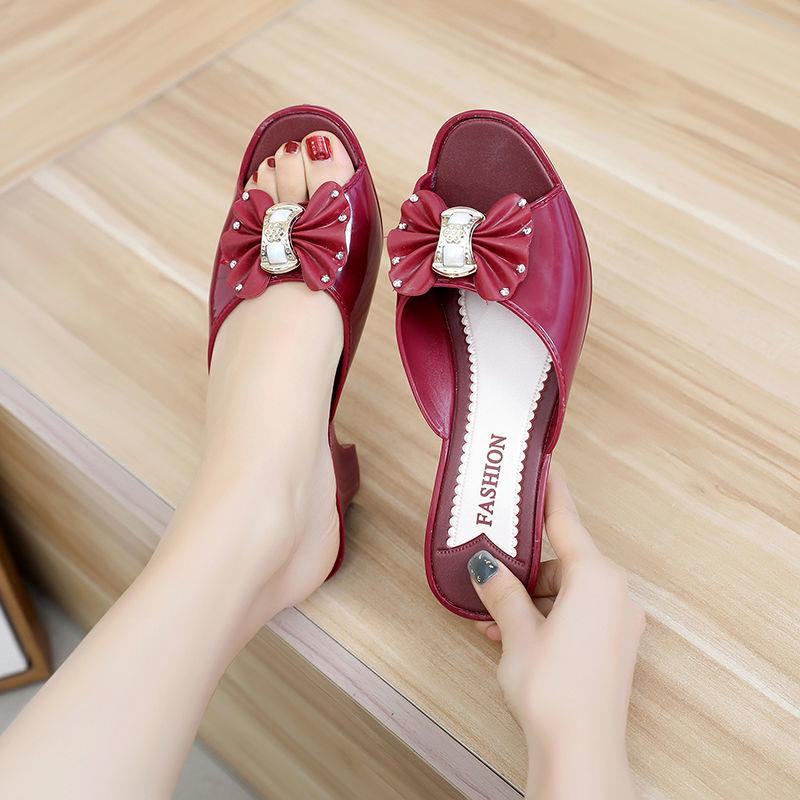 Slippers Women's Solid Color Summer Mid-heel Shoes Bow Candy Shoes One-word Sandals and Slippers Women's All-match High-heeled Sandals