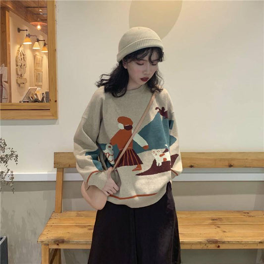 Female Pattern Loose Pullover Pullover Jacquard Sweater Casual  Long-sleeved Lazy Style Women