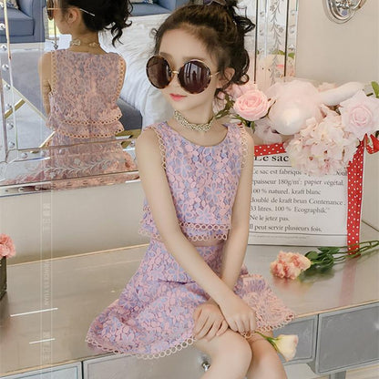 Girls' Dress Summer Broken Flowers Dress Children Net Red Girl Chinese Style Fake Two Pieces of Lace Skirt