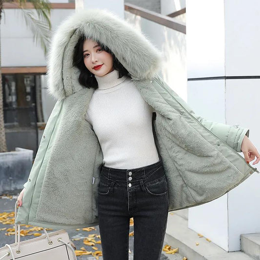 Parker Overcome Short Waist Thinner Hooded Big Fur Collar Cotton-padded Jacket Plus Velvet Padded Winter Padded Jacket