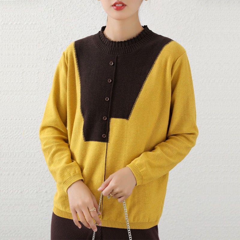 Autumn Women's Round Neck Knitted Tops Women Loose Slim Fit Color Matching Sweater Women's Long-sleeved  Design Sense