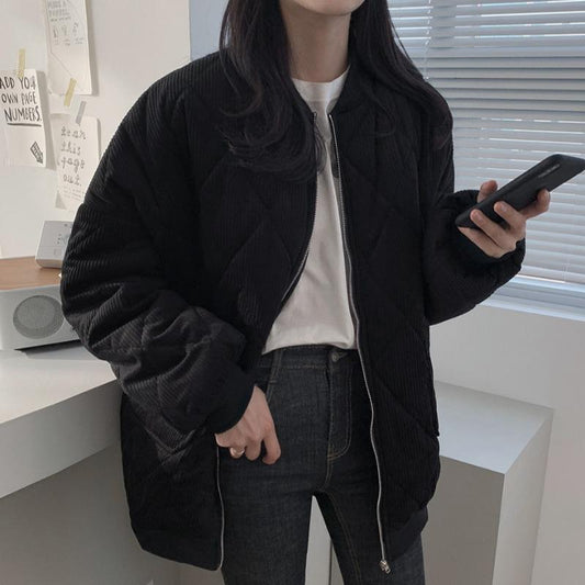 Fall Winter Women Cotton Liner Parka Jacket Coat with O-neck Puffer Corduroy Preppy Style Zipper Pockets Retro Loose Solid Color Black Khaki S-XL